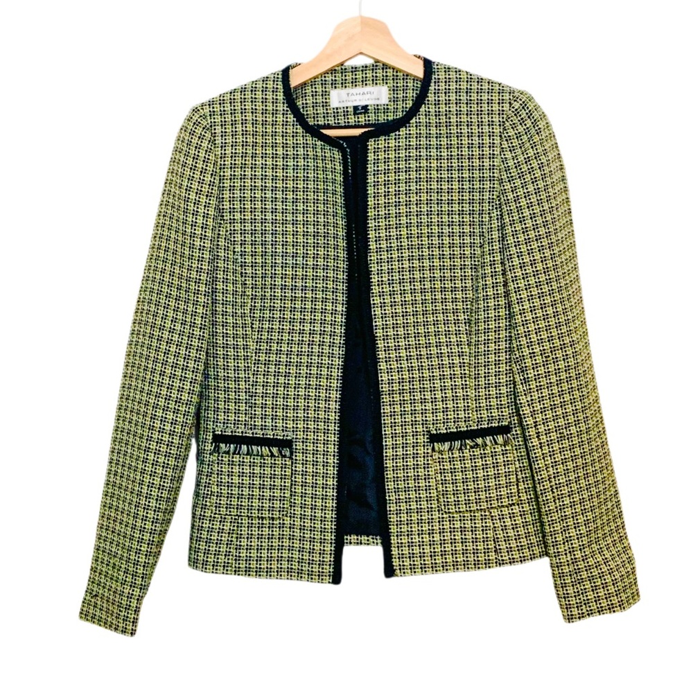 Tahari Collarless Tweed Jacket Blazer Green and Black Size 2 Open Front